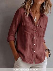 Early Autumn Plus Size Rust Red Lightweight Breathable Women's Blouse, Design-Focused Solid Color Double Patch Pocket Lapel Cardigan Top, Casual Commute Everyday Wear, Draped Elegant Style Shirt - Burgundy - View 2