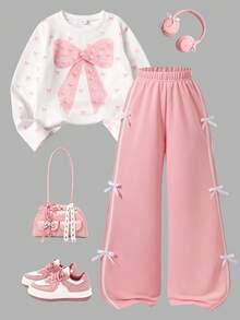 Big Girls Bow Print Sweatshirt With Side Stripe 3D Bow Decor Sweatpants 2-Piece Casual Set - Pink - View 1