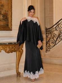 Lace Satin Black Cape Top And Skirts Set For Women Fall Winter Holiday Essentials Halloween Christmas - Black - View 4