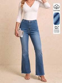 Jeans Flare Wanita Fashion, Potongan Pinggang Sedang dengan Saku Samping, Denim Cuci Elegan - Dark Wash - View 2