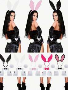 5pcs Cute Adult Rabbit Ear Headband Props Plush Hair Hoop Costume Rabbit Ear Headband Party Decoration Cosplay Set Halloween - Black - View 5