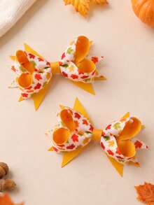 2pcs Thanksgiving Maple Leaf Bow Hair Clip For Kid Girls,Cute Yellow Hairpin For Autumn Winter Daily Family Gatherings,Children Hair Accessory - Multicolor - View 4