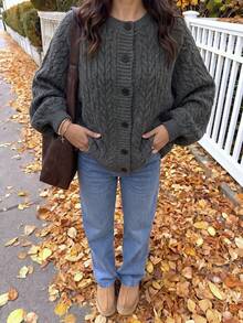 Women Fall Winter Going Out Tops Black Sweater Y2k Long-Sleeve Button-Up Cardigan With A Cable Knit Design, Commuting. - Dark Grey - View 10