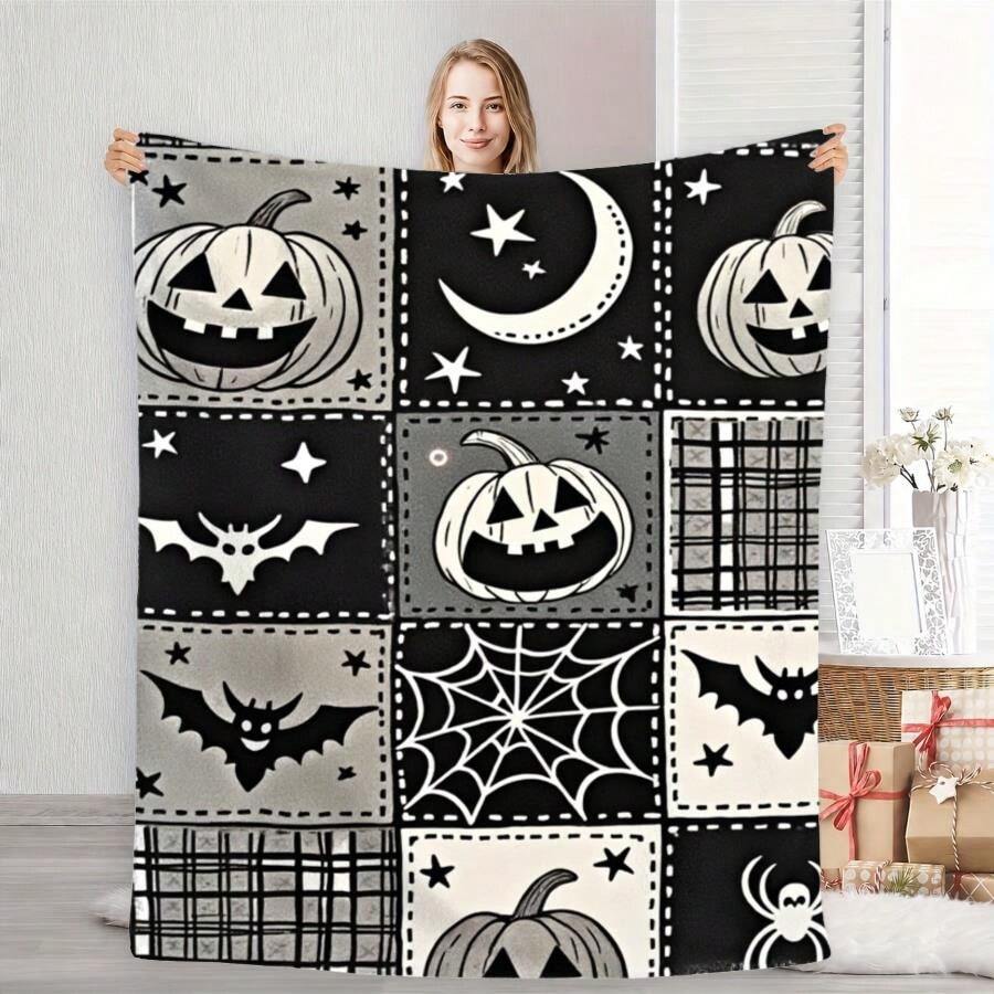 1pc Cooling Halloween Blanket Soft Flannel Plush With Vintage Black-And ...