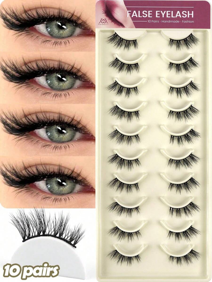 10/20 Pairs Natural Thick Half-Eye False Eyelashes, Voluminous Curly Long Style, Suitable For Party, Manga Style, Travel Essential, Outer Corner Extended False Eyelash Strip - Black - View 1