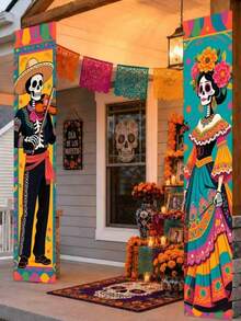 2D Flat Banner 2pcs Set Day Of The Dead Decorations, Mexican Day Of The Dead Door Curtain, Skeleton Musician And Dancer Pattern Door Curtain Background, Skeleton Musician And Dancer Pattern, Vintage Style Skeleton And Marigold Decoration - Multicolor - View 2