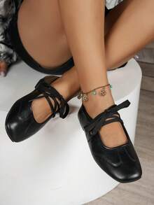 Women's Lace-Up Mary Jane Flats, Square Toe Soft Leather Vintage Ballet Shoes - Brown - View 4