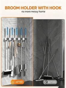 1pc 4-Clip 5-Hook Aluminum Wall-Mounted Bathroom Mop Holder, Broom Rack, Storage Rack, Drill-Free Mop Holder, Suitable For Bathroom And Balcony - Multicolor - View 9