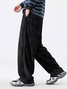 Men's American Street Style Crinkled Texture Fleece Pants, Plus Size Elastic Waist Drawstring Loose Straight Leg Casual Trousers - Black - View 5