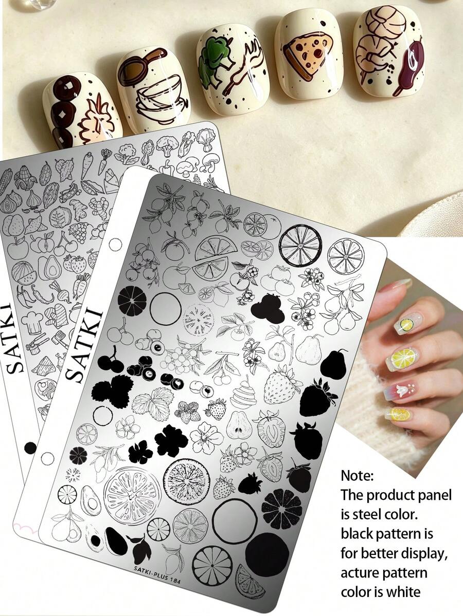 satki Nail Art Stamping Plate For Beginners, No-Hand-Painting Nail Decoration Template With Burger King, Skewered Meat, Cold Heartbeat, Gothic Cyberpunk Print Patterns, Futuristic Tech Abstract Geometric Graphic Elements Nail Transfer Tool - Multicolor - View 1