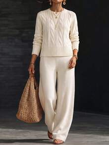 Women's Crew Neck Long Sleeve Knit Sweater & Wide Leg Pants Set, Autumn/Winter - Off White - View 1