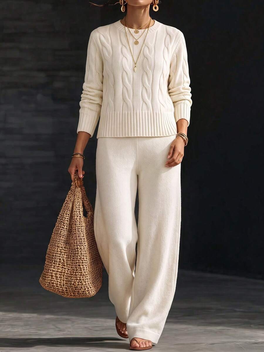 Women's Crew Neck Long Sleeve Knit Sweater & Wide Leg Pants Set, Autumn/Winter - Off White - View 1