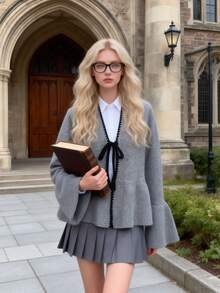 Women's Casual Loose V-Neck Bowknot Knit Cardigan, Contrast Trim Bell Long Sleeve Hem Ruffle Warm Sweater Jacket, Colorblock Patchwork Home Daily Wear - Grey - View 4