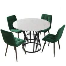 طقم طاولة طعام من 5 قطع، طقم طاولة طعام مع 4 كراسي، طقم طاولة مطبخ، طاولة طعام دائرية بقطر 100 سم وأرجل معدنية سوداء، سطح طاولة من MDF أبيض، كراسي طعام من المخمل الأخضر - متعدد الألوان - مشاهدة 7