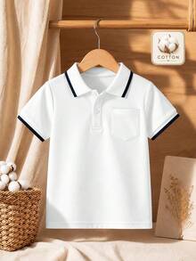 兒童白色純棉短袖 Polo 衫，海軍藍對比領口與袖口，胸前口袋，返校與日常穿著校服上衣 - 白色 - 查看 2