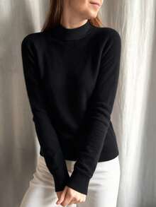 HEYMINI 100% Kasmir, Sweater Kasmir Leher Setengah Turtleneck Warna Polos Serbaguna untuk Musim Gugur dan Musim Dingin, Atasan Rajut Lengan Panjang Sederhana untuk Pemakaian Sehari-hari - Hitam - View 8
