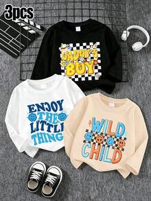 3 st/set söta långärmade T-shirts för små flickor, set med rundhalsade T-shirts med hjärt-, leopard-, prästkragemönster och fjärilsmönster, vår/höst - Multifärgad - Visa 1