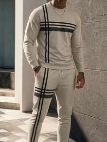 Men's Casual Versatile Striped Crew Neck Sweatshirt And Pants Set - Multicolor - View 2