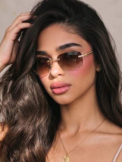 1 par de gafas de mujer con lentes rectangulares degradadas, minimalistas sin montura, varillas de metal personalizadas, estilo callejero y de vacaciones