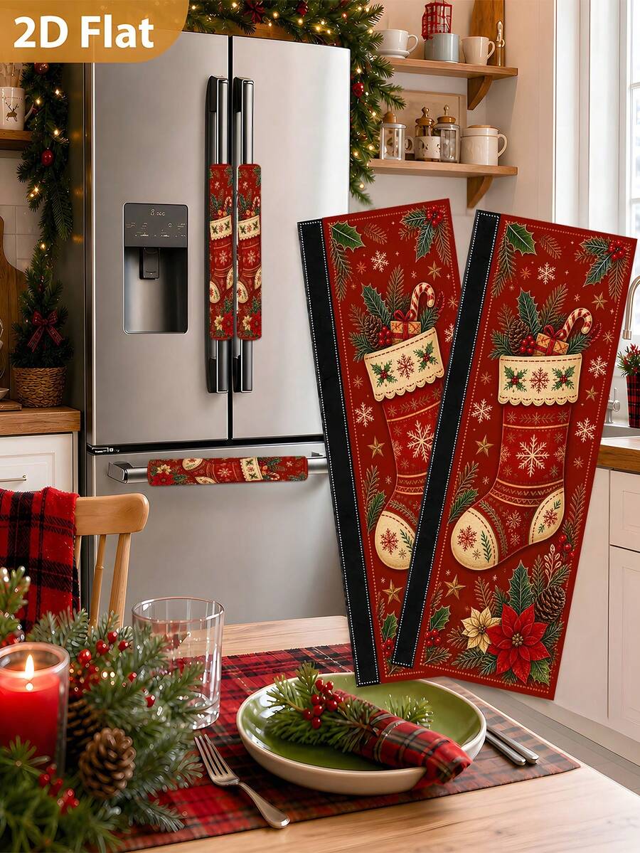 1/2Pcs Christmas Fridge Handle Covers, Christmas Socks, Berries, Poinsettia Pattern, With Hook-And-Loop, Suitable For Refrigerator, Oven, Microwave, Dishwasher, Christmas Holiday Kitchen Decor - View 1