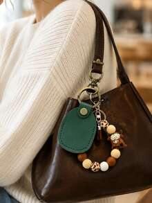 Cute Retro Style Highland Cattle Bead Bracelet PU Leather Keychain, Access Card Holder Tassel Decor Bag, Charm Car Key Ring Gift, Unisex, Daily Essential, Birthday, Ramadan, Christmas Gift - Multicolor - View 1