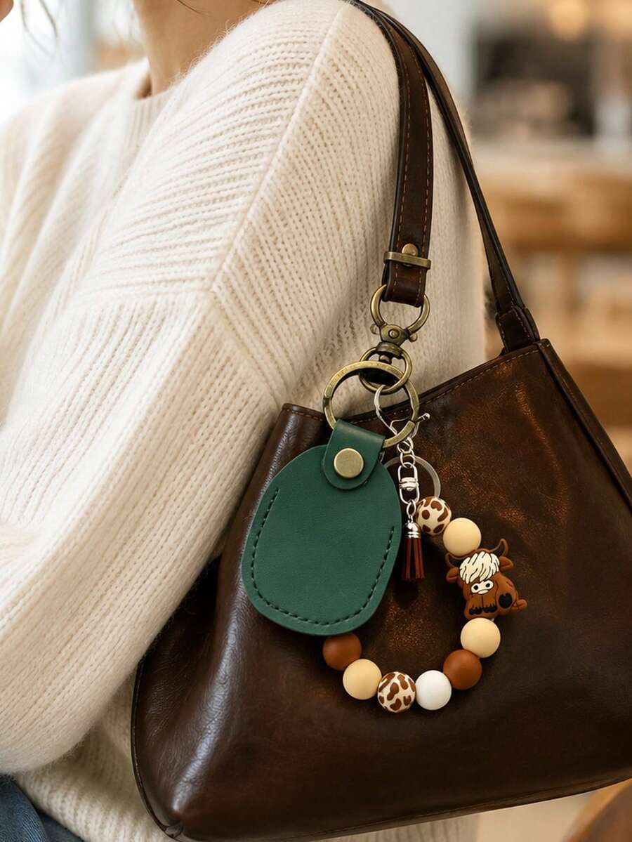 Cute Retro Style Highland Cattle Bead Bracelet PU Leather Keychain, Access Card Holder Tassel Decor Bag, Charm Car Key Ring Gift, Unisex, Daily Essential, Birthday, Ramadan, Christmas Gift - Multicolor - View 1