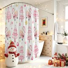 1pc Christmas Tree Print Shower Curtain, Abstract Vintage Polyester Fabric Shower Curtain With 12 Hooks, Suitable For Christmas Bathroom Or Bathtub Decor - Multicolor - View 5