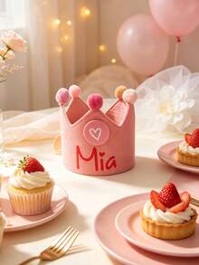 1pc Customized Name Birthday Crown Hat, Reusable Fabric Party Crown With Number Badge, Pom Pom Decoration Adjustable Birthday Party Hat, Suitable For Toddler Children Birthday Celebration, Holiday And Daily Photo Prop Gift - Multicolor - View 5