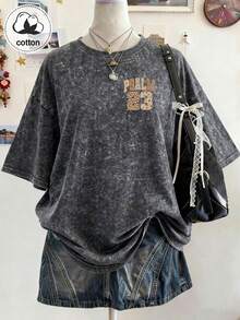 This Summer T-Shirt Features A Washed Finish And A Design Blending Floral, Letter, And Number Elements, Making It Suitable For Everyday Wear. - Black - View 3