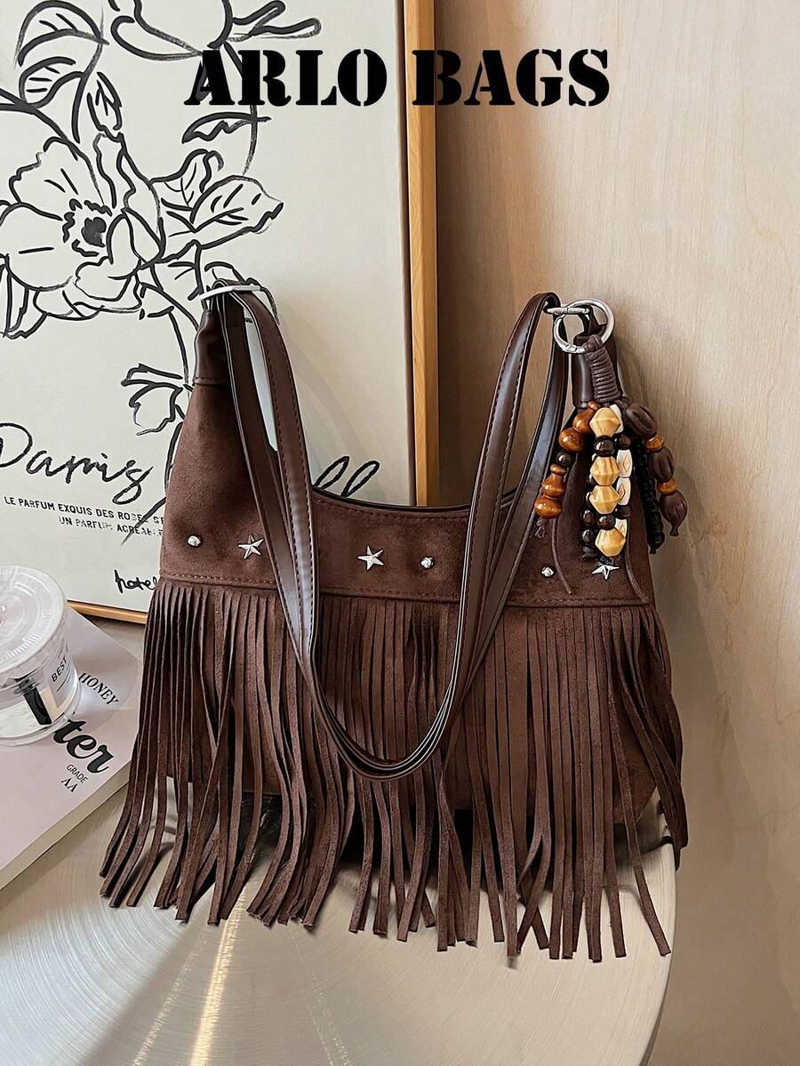 Crossbody Bag With Wooden Beaded Charm, Dual Shoulder Straps, Spacious ...