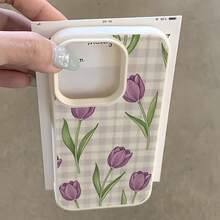 1 buah Casing Ponsel Minimalis Matte Putih dengan Pelindung Lensa dan Motif Kotak-kotak Ungu Tulip, Dapat Dipersonalisasi, Kompatibel dengan iPhone 16 Pro Max/18/17/16/15/14 Plus/13/12/11/Air, Kompatibel dengan Seri - MultiWarna - View 1
