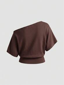 VINOVA Women's Knitted Basic Cold Shoulder Short Sleeve Fashion Top, Autumn Fashion, Casual Shirt, Women's Office Top, Going Out Top, Business Top - Brown - View 10