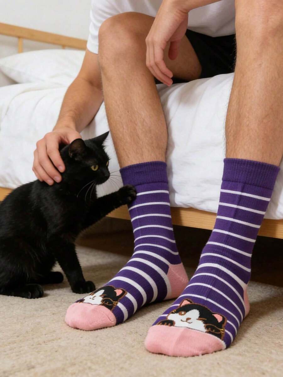 5 đôi tất trung bắp chân unisex ngẫu nhiên nhiều màu sọc chấm bi in mèo hoạt hình phong cách dễ thương, mềm mại thoáng khí, phù hợp mặc hàng ngày, ở nhà, phối đồ học sinh, mọi mùa - Nhiều màu - Xem 1
