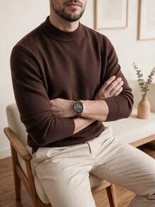 Men's Crew Neck Long Sleeve Solid Color Minimalist Casual Lightweight Knit Sweater For Fall & Winter - Coffee Brown - View 5