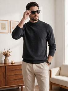 Men's Crew Neck Long Sleeve Solid Color Minimalist Casual Knit Sweater, Lightweight For Autumn/Winter - Dark Grey - View 4