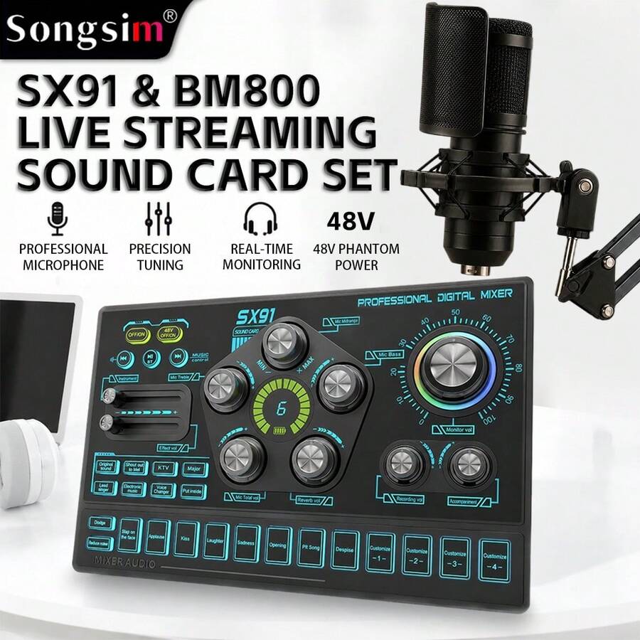 Songsim-SX91 Set Kartu Suara Khusus untuk Live Streaming/Rekaman & Mikrofon Kondensor BM800, Mendukung Transmisi Lossless OTG, Penyesuaian EQ, Kontrol Trek, Penyesuaian Reverb, Pengiring Bluetooth, Kartu Suara Digital Multifungsi, Mikrofon Pengambilan Vokal High-Fidelity, Dilengkapi dengan Kabel Audio OTG 2-in-1/Stand Lengan Boom Logam, Cocok untuk Live Streaming, Rekaman, Gaming, Bernyanyi, Alat Musik - MultiWarna - View 1