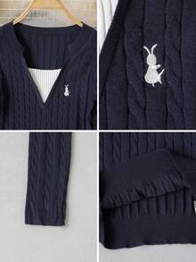 Autumn/Winter New Korean Style Sweet Casual Knit Sweater For Women, Color-Block Cable Knit Texture V-Neck Top, Rabbit Embroidery Slimming Long Sleeve Base Layer, Versatile For Daily Commute - Navy Blue - View 9