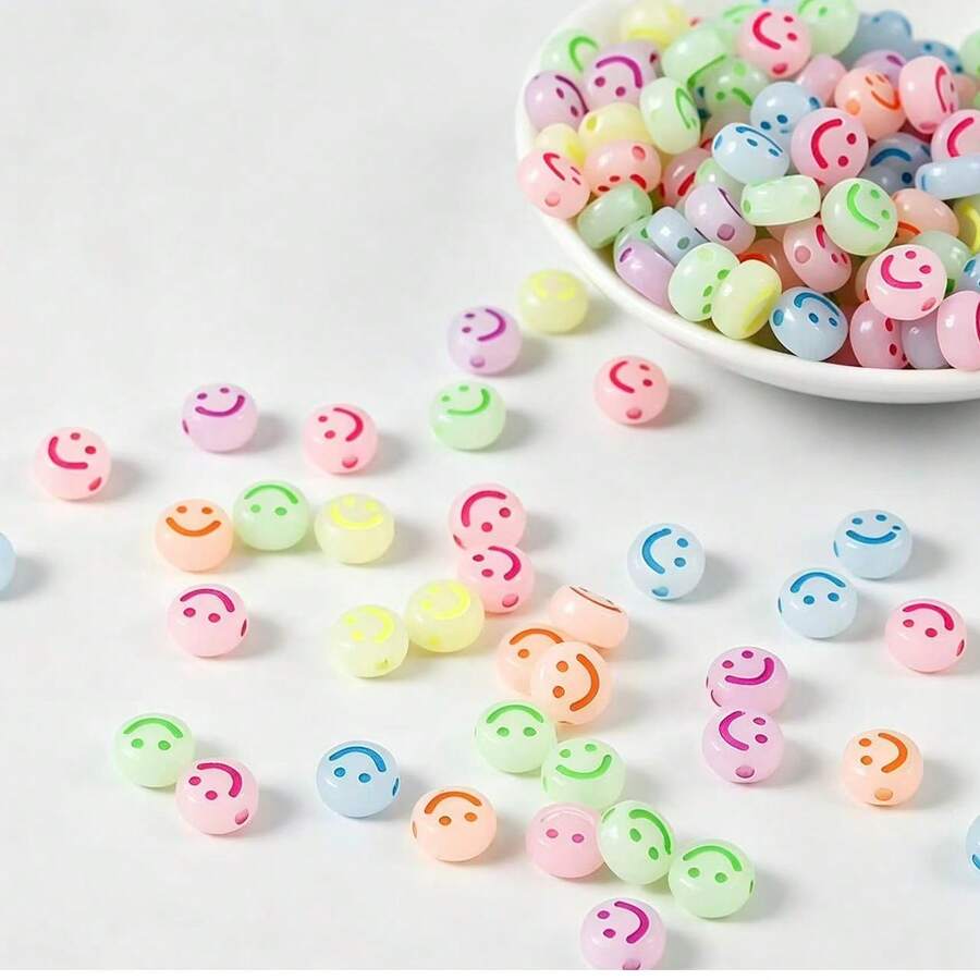 200PCS/500PCS Acrylic Colorful Smiling Face Round Beads Mixed Candy Color Jelly Glow-In-The-Dark Smiling Face Beads Suitable For Handmade DIY Bracelets Necklaces Crafts Jewelry Making - Colorful Glow-in-the-dark Face Round - View 1
