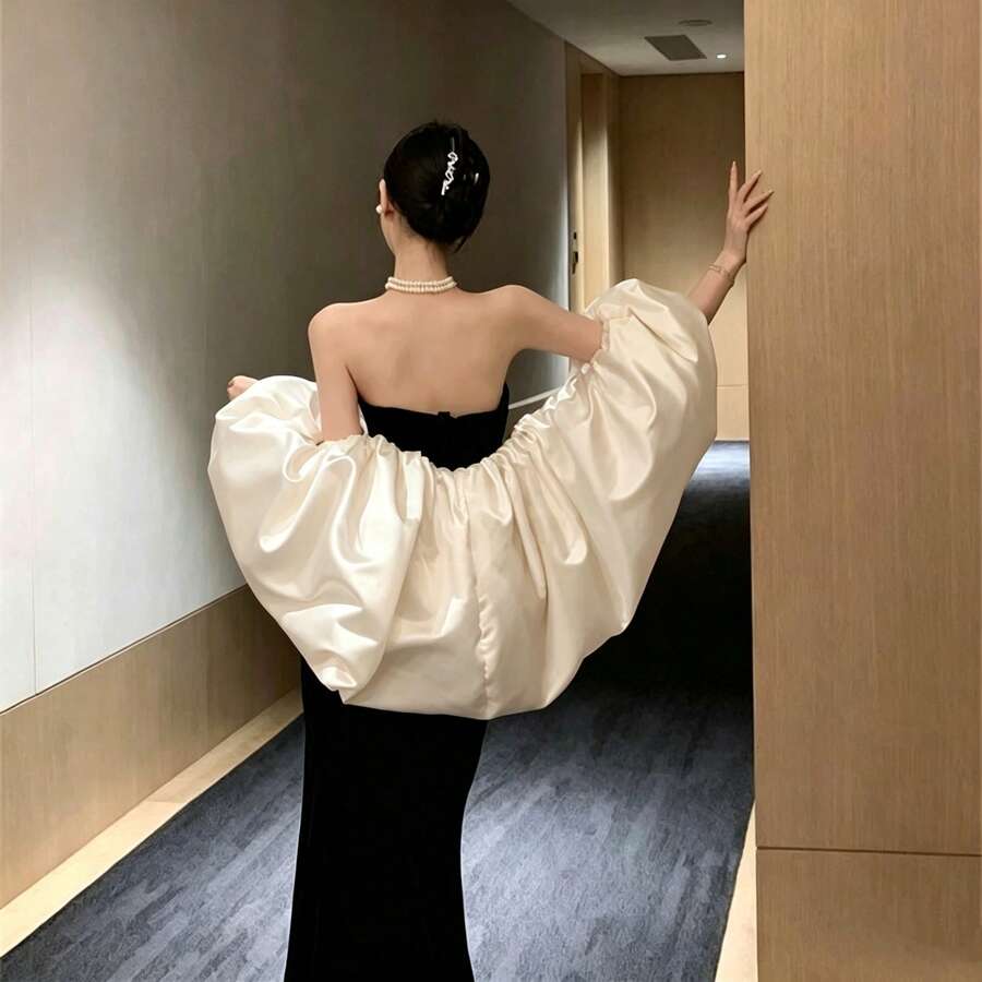 1pc Detachable Satin Exaggerated Petal Sleeve Cape Bridal Accessory Shoulder Sleeve, Beige Black Burgundy Optional