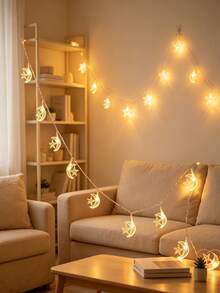 Hollow Moon‑Star Shaped LED String Lights, Battery‑Powered, Two Sizes Available, Warm Ambient Lights, Decorative Fairy Lights For Bedroom, Window, Party, Home & Festival Gathering Background - Warm Light - View 8