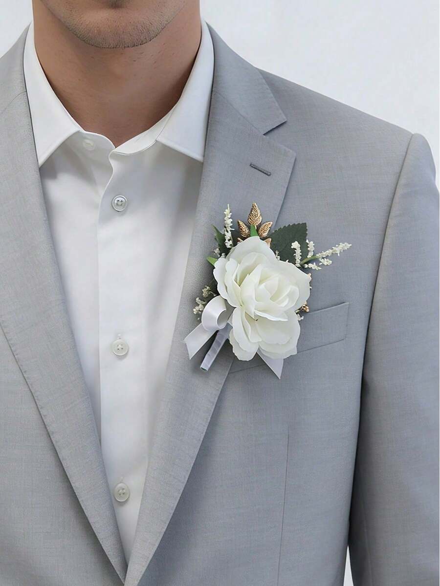 1pc Nature-Inspired Artificial Flower, Leaf & Fruit Decor Boutonniere, Suitable For Wedding, Party, Banquet - White - View 1