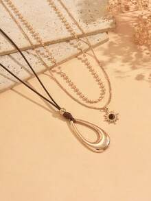 3pcs/Set Vintage Tiger Eye Stone Sun Pendant With Hollow Water Drop Geometric Pendant Women's Necklace Neck Jewelry Accessory Suitable For Daily Casual, Dating, Vacation And Party Wear - Multicolor - View 3