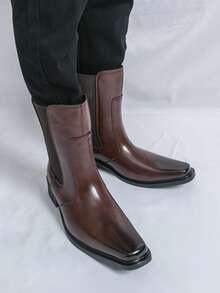 Men's Brown Chelsea Boots Square Toe Side Elastic Band Slip-On Ankle Boots British Style Height-Increasing Chunky Heel Shoes - Brown - View 10