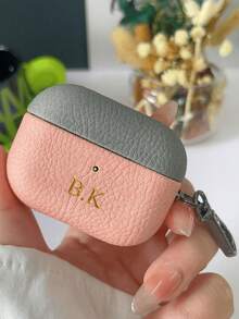 [Customized]Personalized Initials Letters Customize Lychee Pattern Earphone DIY Earphone Case Compatible With Airpods 1 2 3 4 Pro 2 Pro 3 Simple Solid Color Cover Anti-Drop - Multicolor - View 5