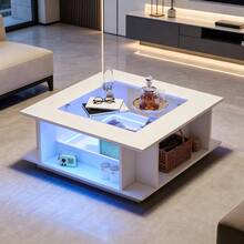 Simple Square Coffee Table / Scandinavian Style / Load Capacity: 30 Kg / With LED Lighting / Transparent Glass Tabletop / For Beauty Salons, Bar / 70x70x30 Cm - White - View 3