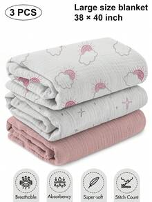 3pcs/Set Fine Cotton Swaddle Blankets, Breathable Soft Baby Wrap Blankets, Swaddle Cloth Burp Cloth, Essential Baby Baptism Supplies, Toddler Gift - Multicolor - View 2