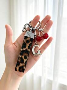 26 Alphabet Car Keychains, Silver Letter Zinc Alloy Accessories, Leopard Print Cherry Pendant, PU Rope Car Lock Key Fob, Car Remote Control Hanging Decoration, Bag Decoration Pendant, Car Key Ring, Key Chain Key Accessories. Holiday Gift, - Letter - View 30