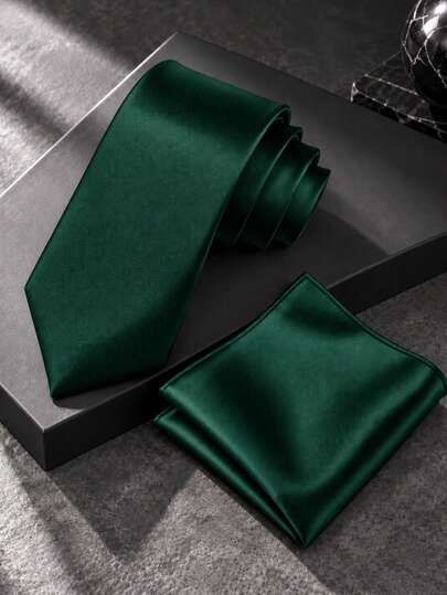 1 Set Solid Color Tie And Pocket Square Combo, Minimalist Versatile Hand-Tied Tie And Handkerchief Set, Business Tie
