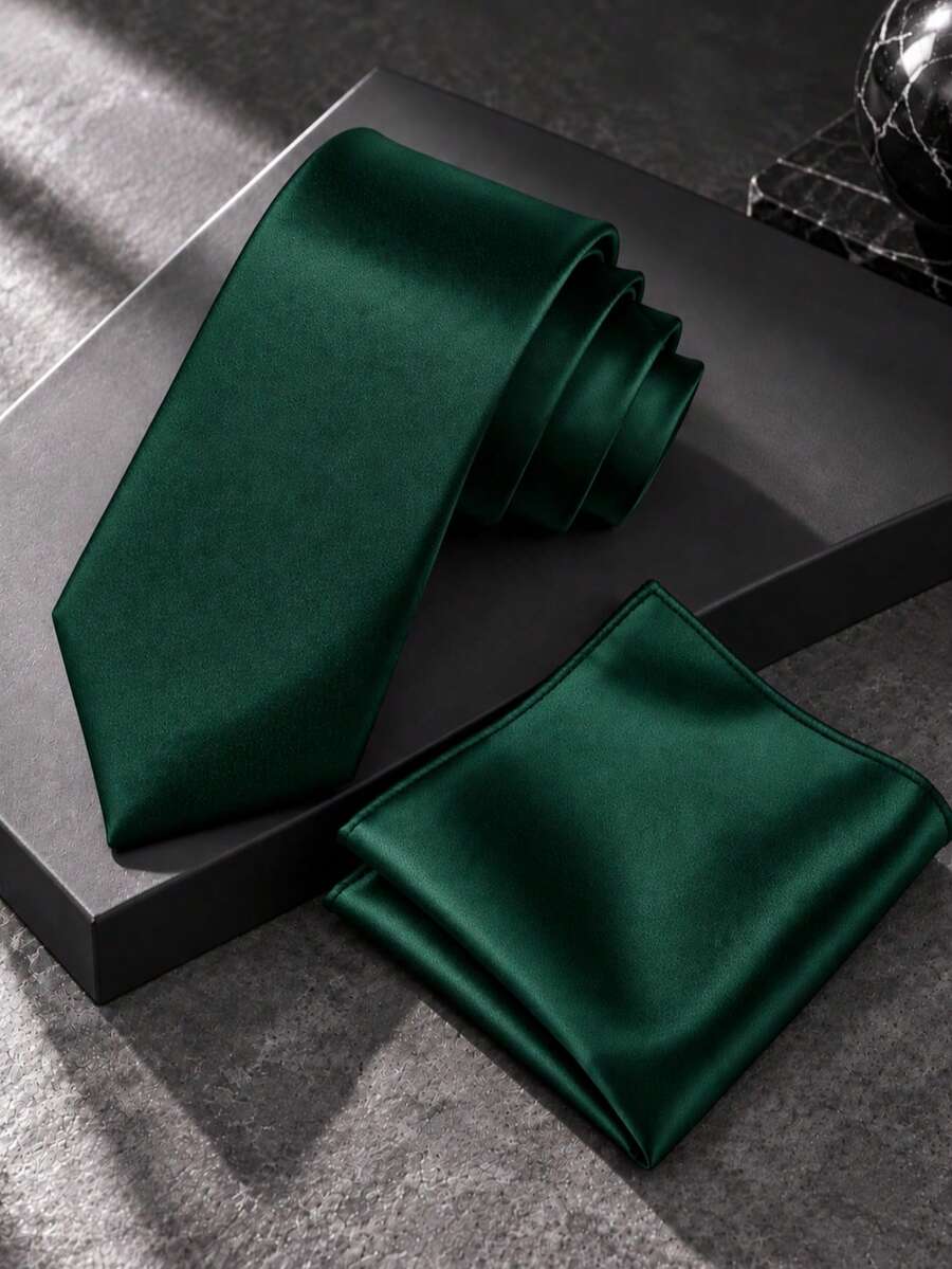 1 Set Solid Color Tie And Pocket Square Combo, Minimalist Versatile Hand-Tied Tie And Handkerchief Set, Business Tie - Dark Green - View 1
