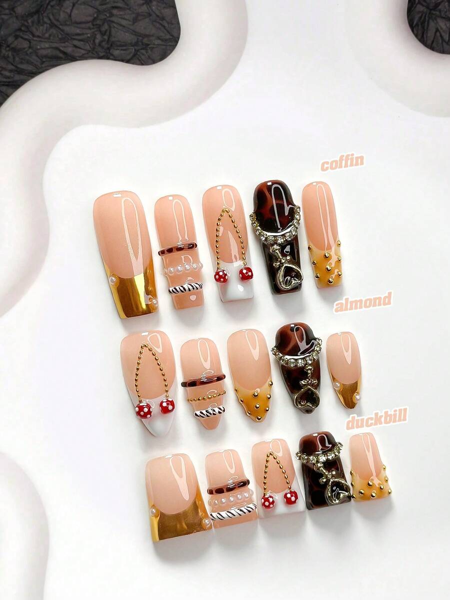 10片/包 精緻手工穿戴甲，Polygel美甲套組，櫻桃、愛心、金色與棕色美甲，奢華風格，含美甲工具，3種尺寸可選，杏仁、鴨嘴、棺材形，適合派對、跳舞、日常配戴（手工細節可能有所不同） - 彩色 - 查看 1